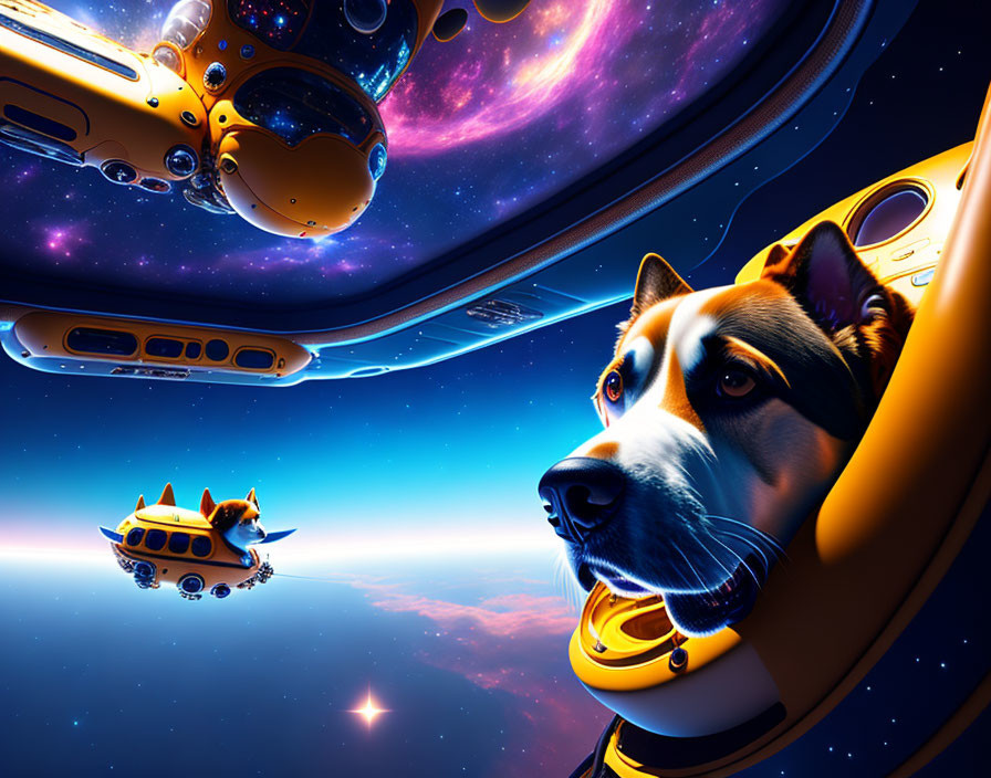 Whimsical space scene with dog in spacesuit and spacecraft among stars.