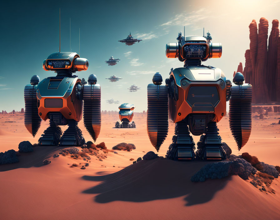 Futuristic robots on desert-like alien planet with spaceships in clear blue sky