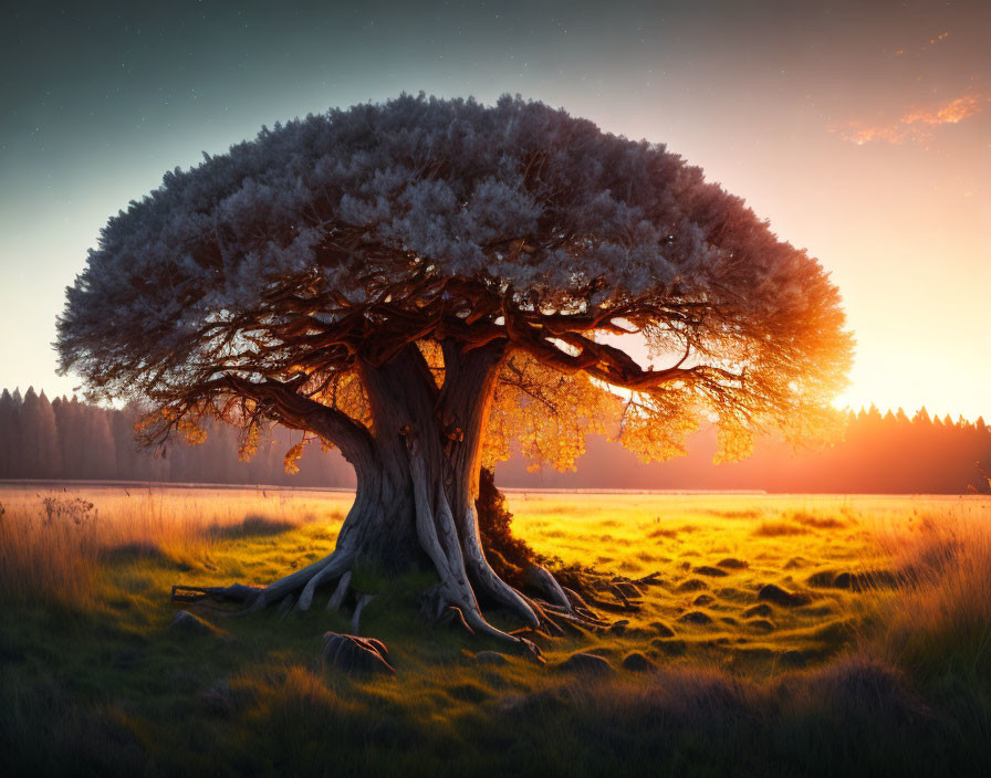 Majestic tree with wide canopy and exposed roots in glowing sunrise field