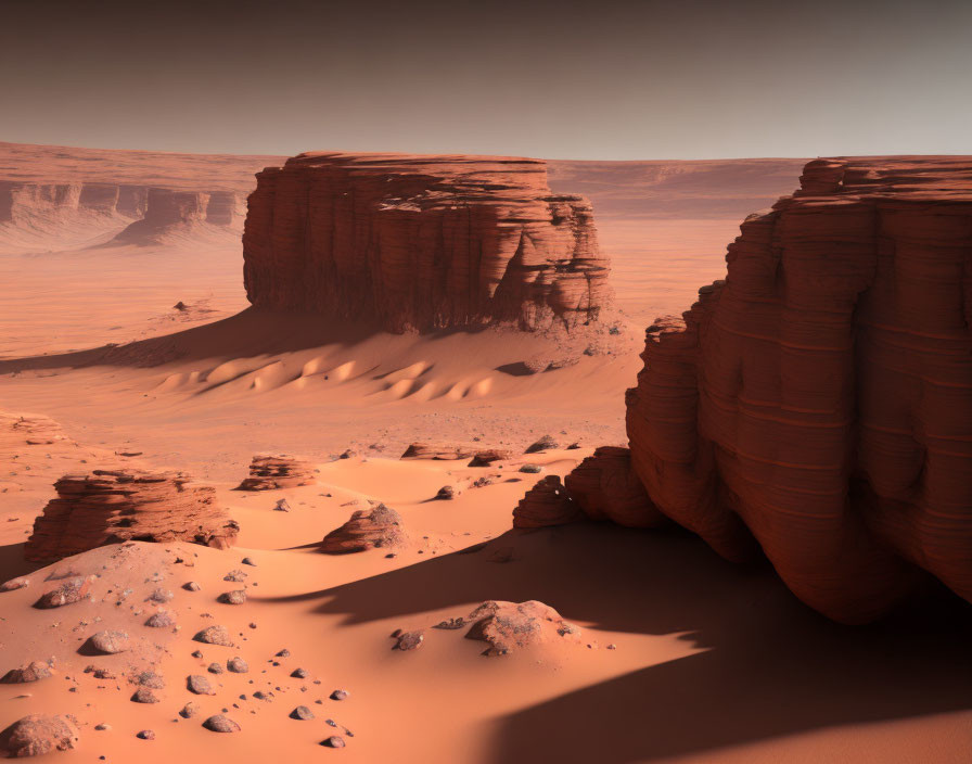 Mars-like desert landscape with red cliffs, sand dunes, and rocks