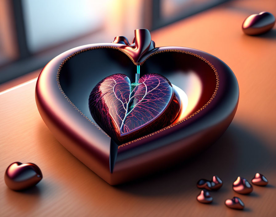 Metallic heart-shaped object with tree-like structure in warm backdrop