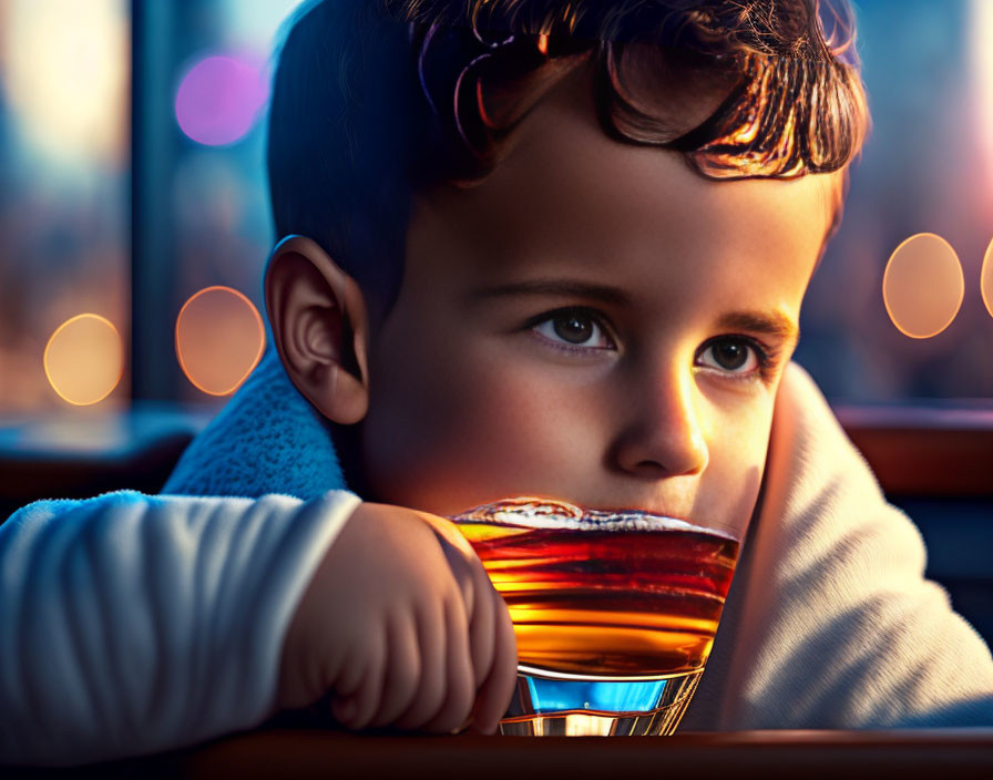 Curly-Haired Child Contemplating with Glass of Amber Liquid