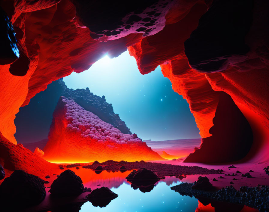 Red illuminated cave with night sky view, reflective water, rocky landscape