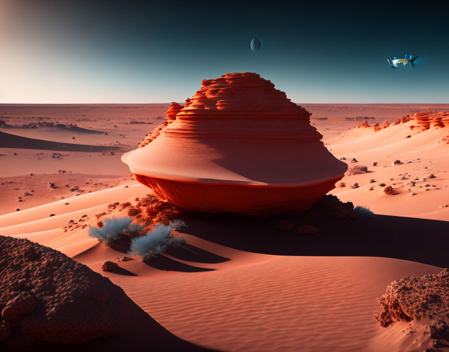 Surreal desert landscape with red sand dunes, rock formation, spacecraft, distant planet.