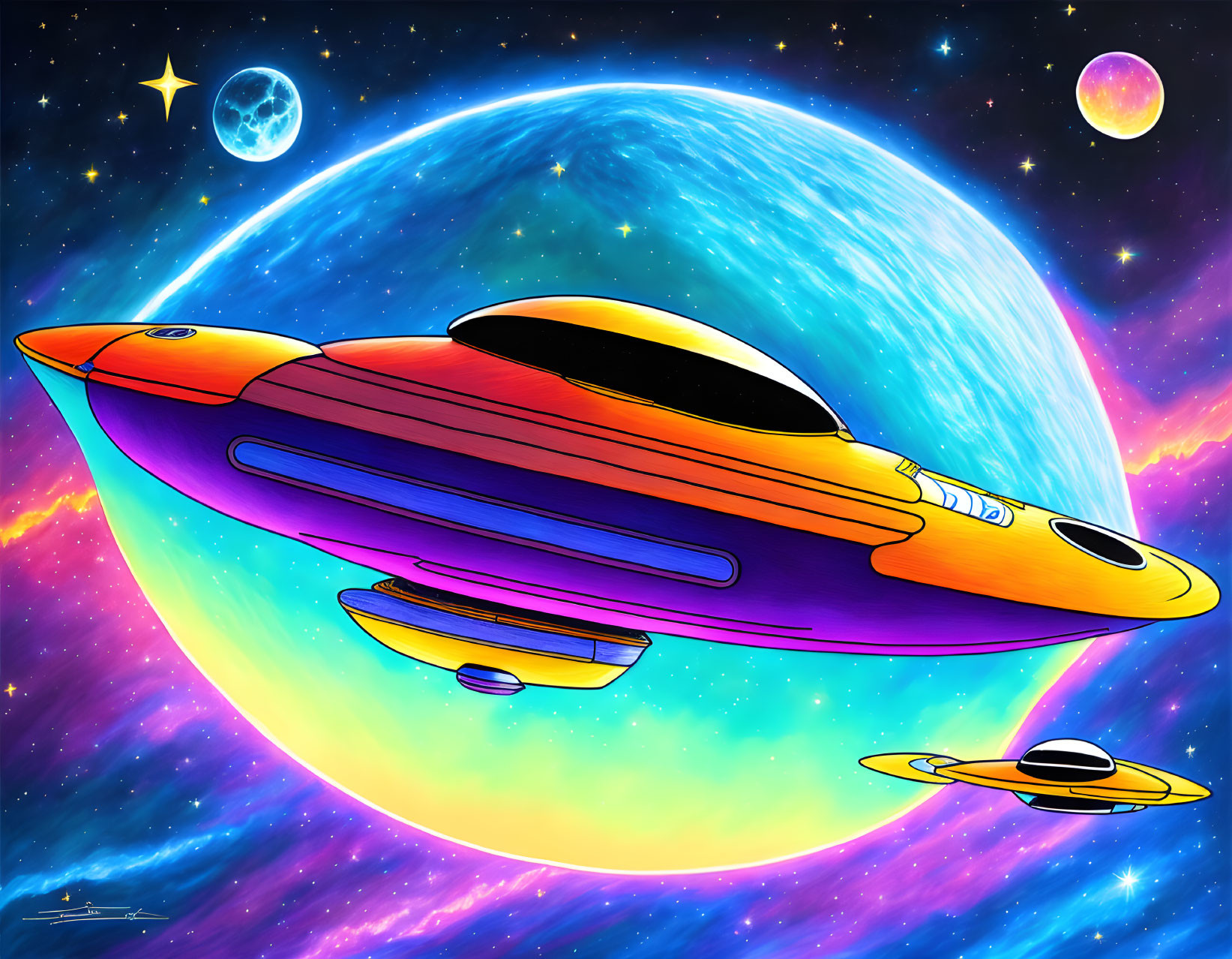 Colorful spacecraft traveling through vibrant space scene with planets and stars.