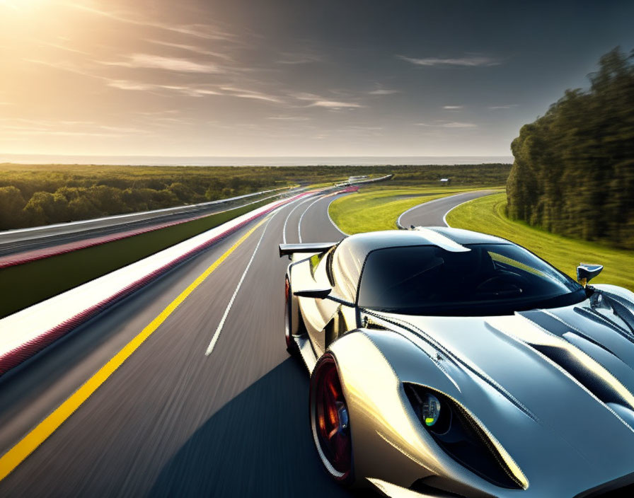 Silver sports car racing on smooth highway at sunset