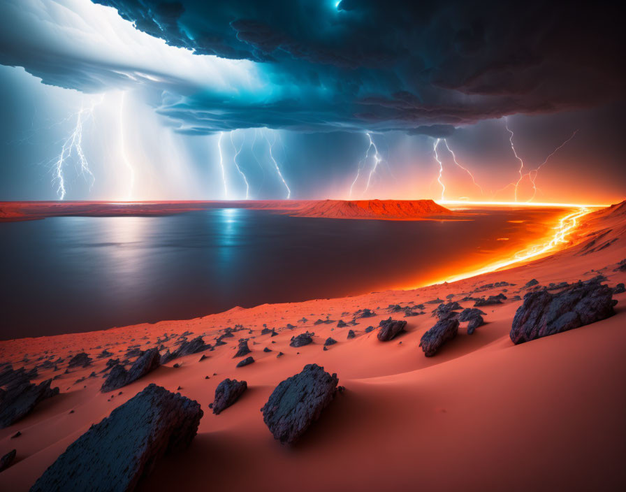 Volcanic eruption and lightning in dramatic landscape