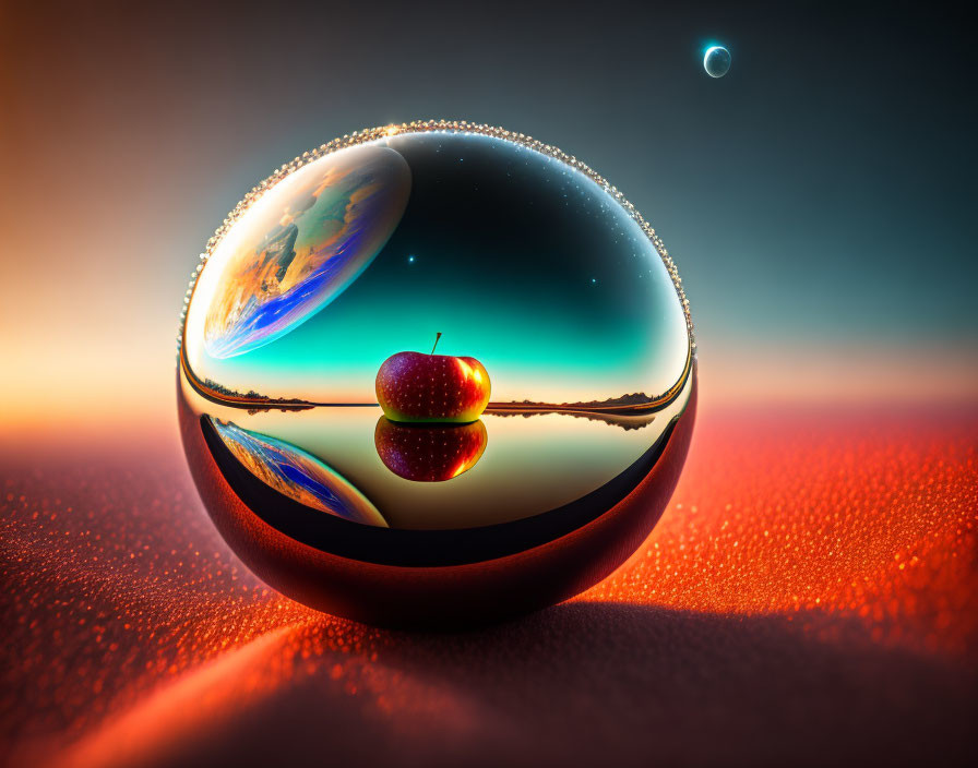 Surreal landscape with reflective orb, distorted earth, colorful apple, desert surface, orange sky,