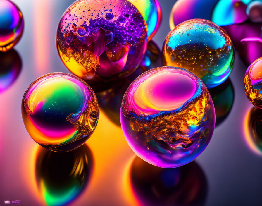 Colorful Swirling Glass Spheres on Glossy Surface