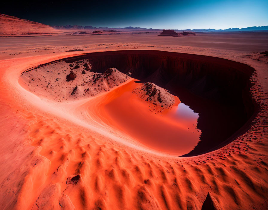 Orange-Hued Sand Desert with Crescent-Shaped Dune and Crater at Twilight