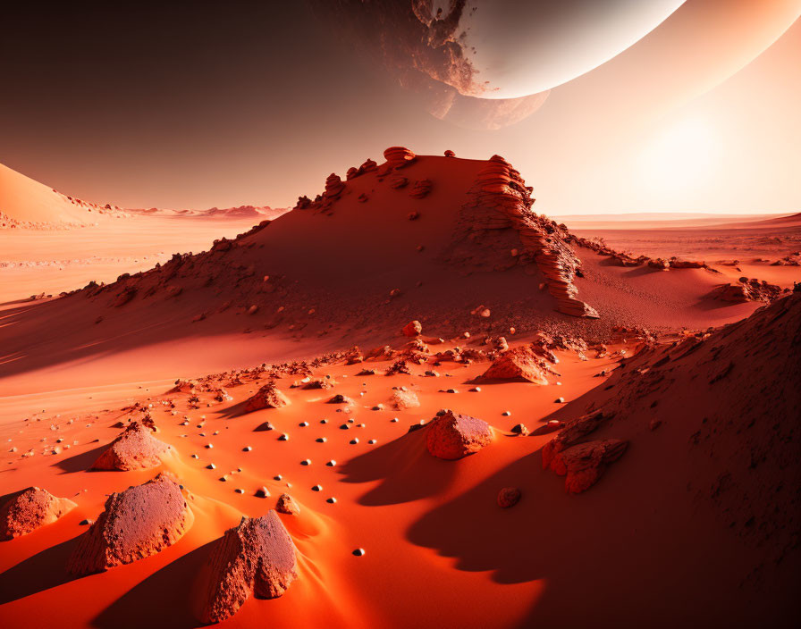 Red desert sands, rock formations, and a looming planet in an alien world sci-fi landscape.