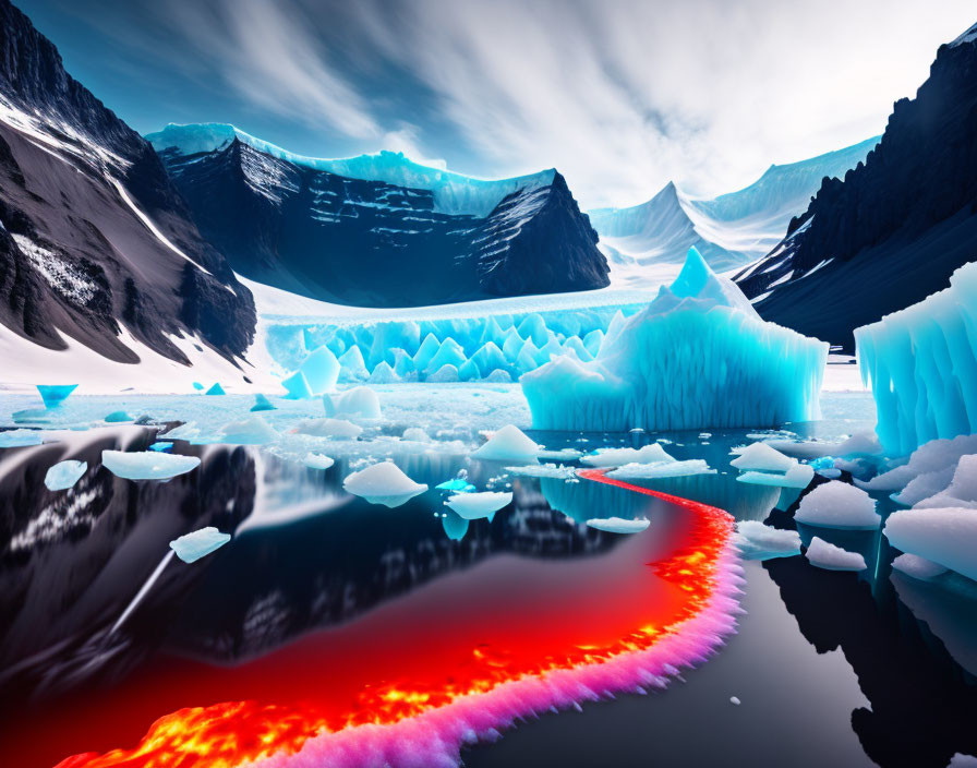 Surreal landscape with colorful icebergs and red flowing water