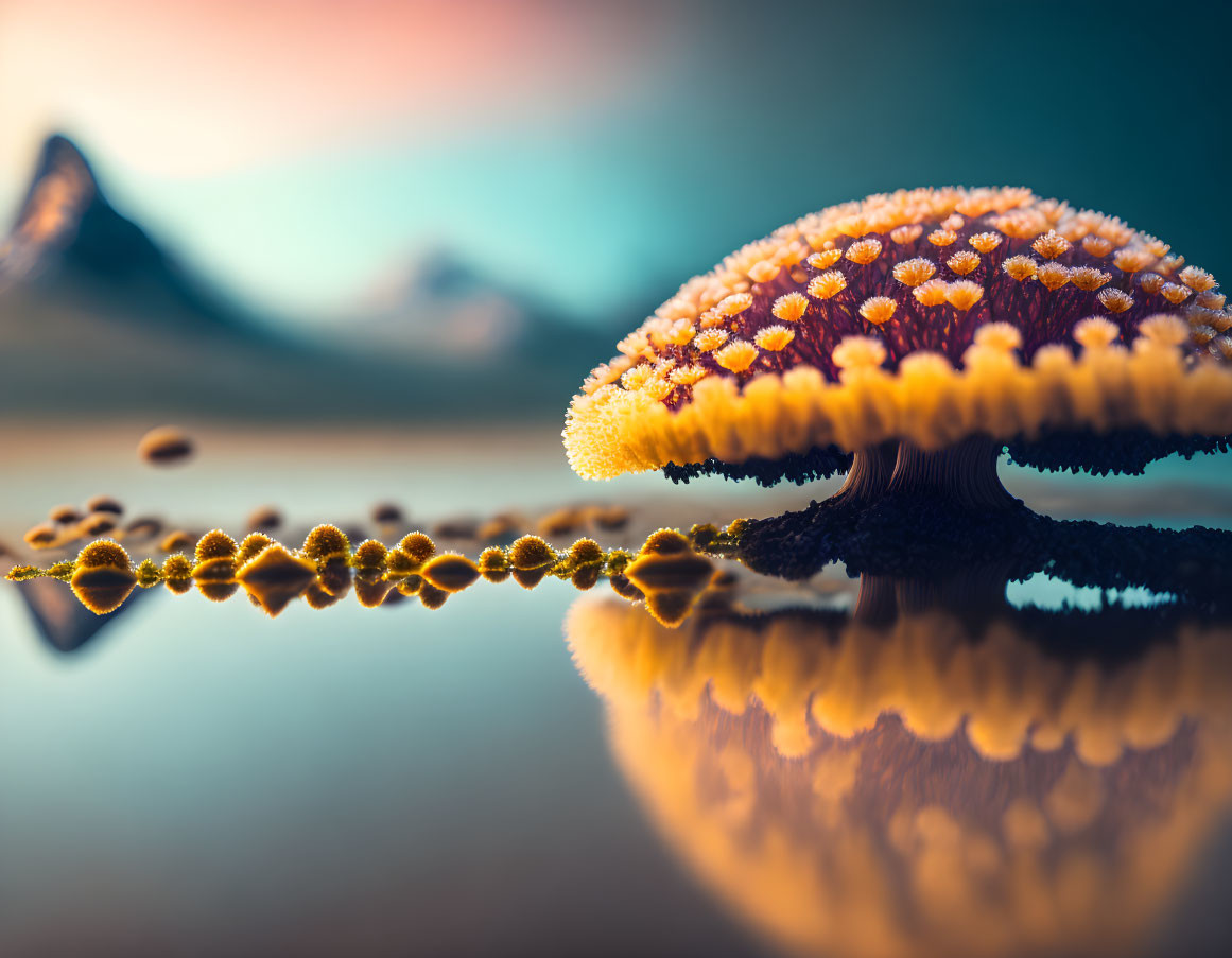 Detailed close-up: Vibrant mushroom textures reflected on water, colorful dreamy background.