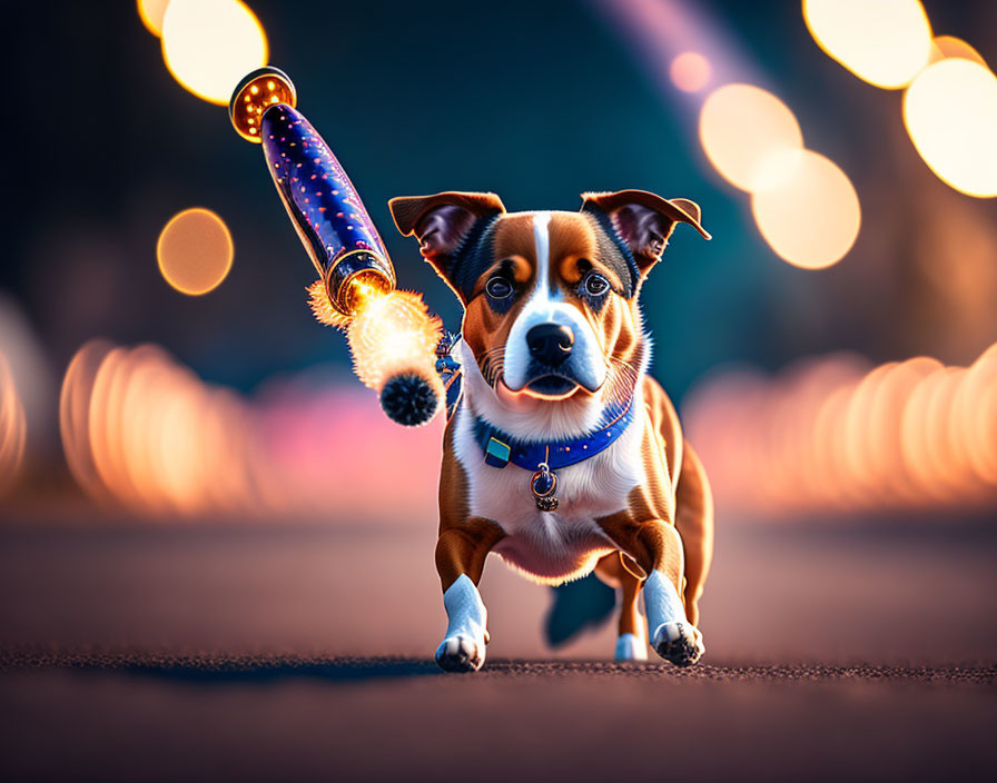 Brown and White Dog Running with Toy Wand on Street