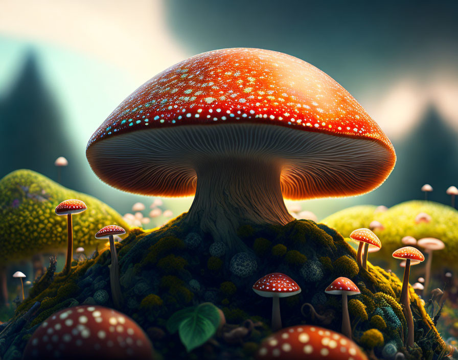 Colorful digital artwork: Large red mushroom with white spots in mystical forest.