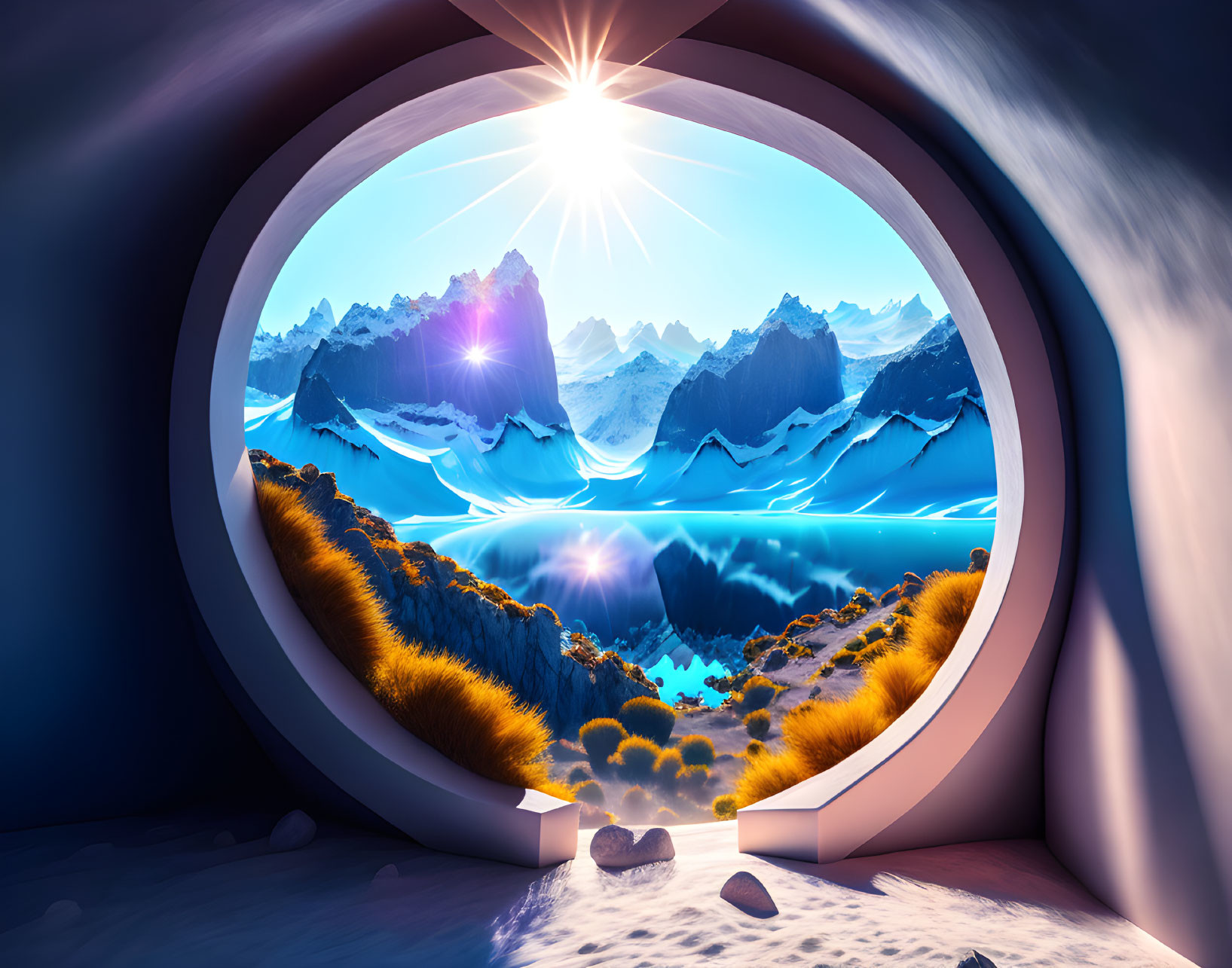 Circular window frames vibrant snowy mountain landscape - sun, blue waters, golden foliage, deep blue sky.