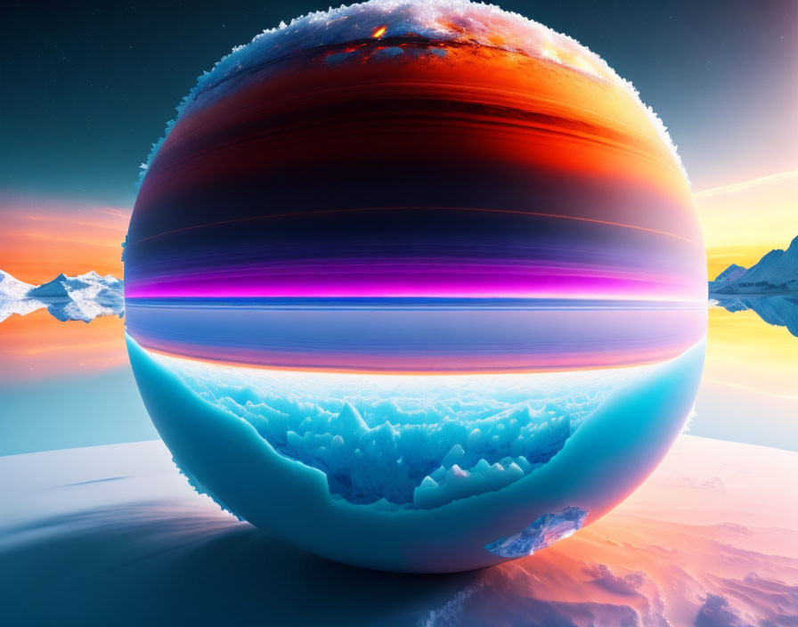 Colossal Striped Planet Over Icy Terrain at Sunset