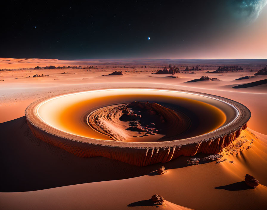 Twilight desert landscape with giant circular sand ring at dusk