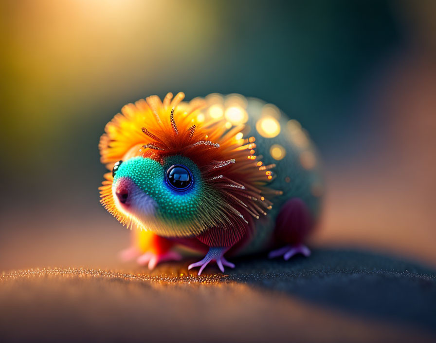 Colorful whimsical creature with bright feathers and big eyes