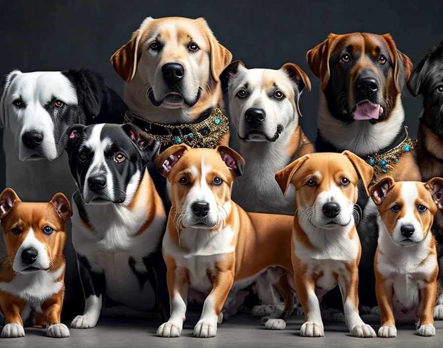 Eight dogs posing for a portrait with necklaces, diverse expressions, on a dark background