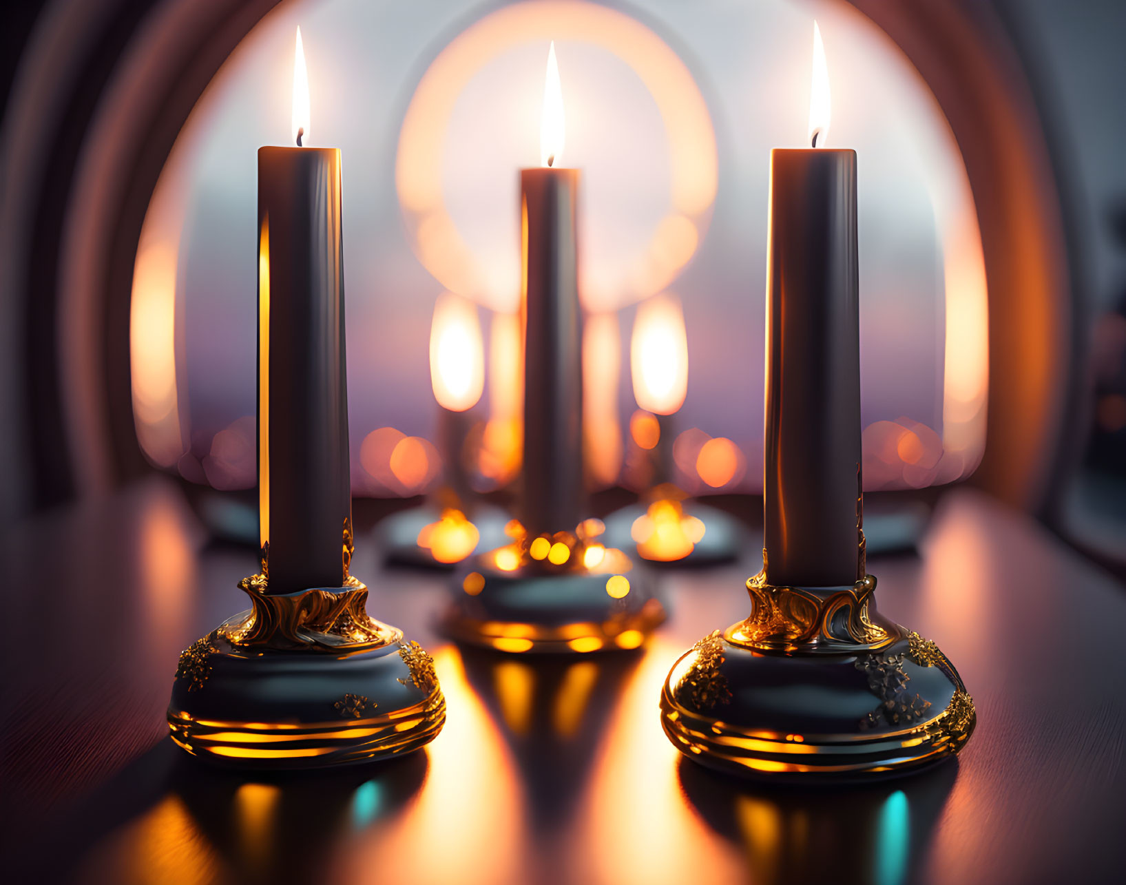 Elegant candle holders with warm bokeh light background