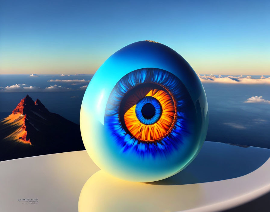 Vividly colored eye-shaped object in surreal landscape