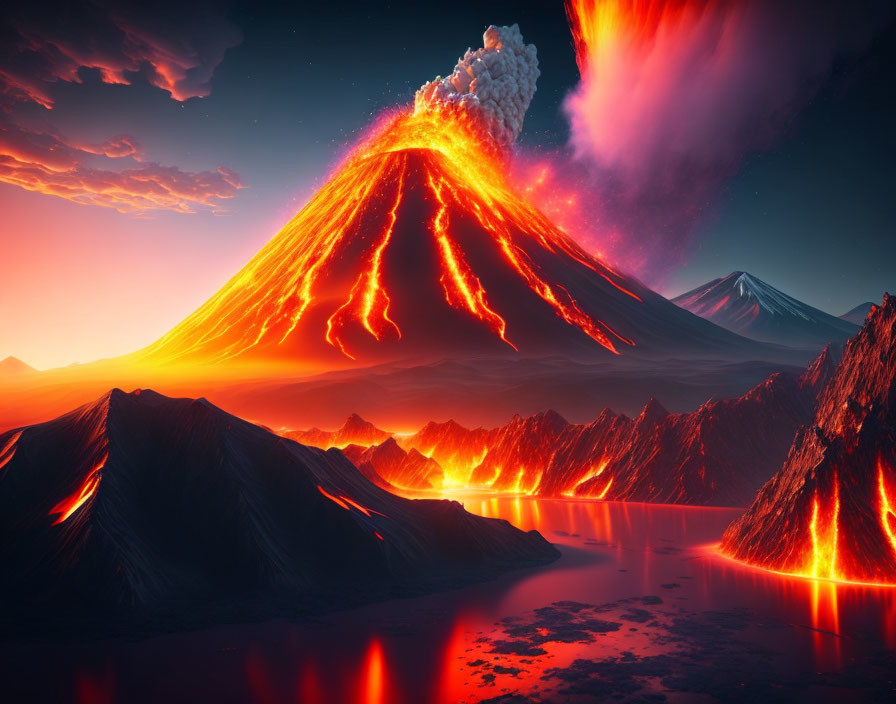 Dramatic volcanic eruption with flowing lava and ash plume under starry sky