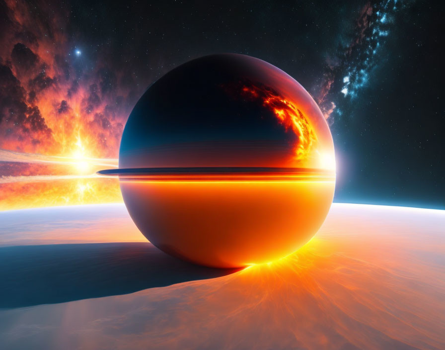 Large planet with illuminated rings in space scene.