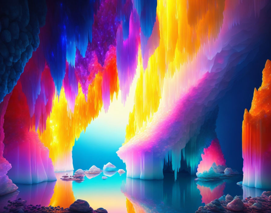 Colorful Cave with Icicle-Like Formations and Serene Water Reflections