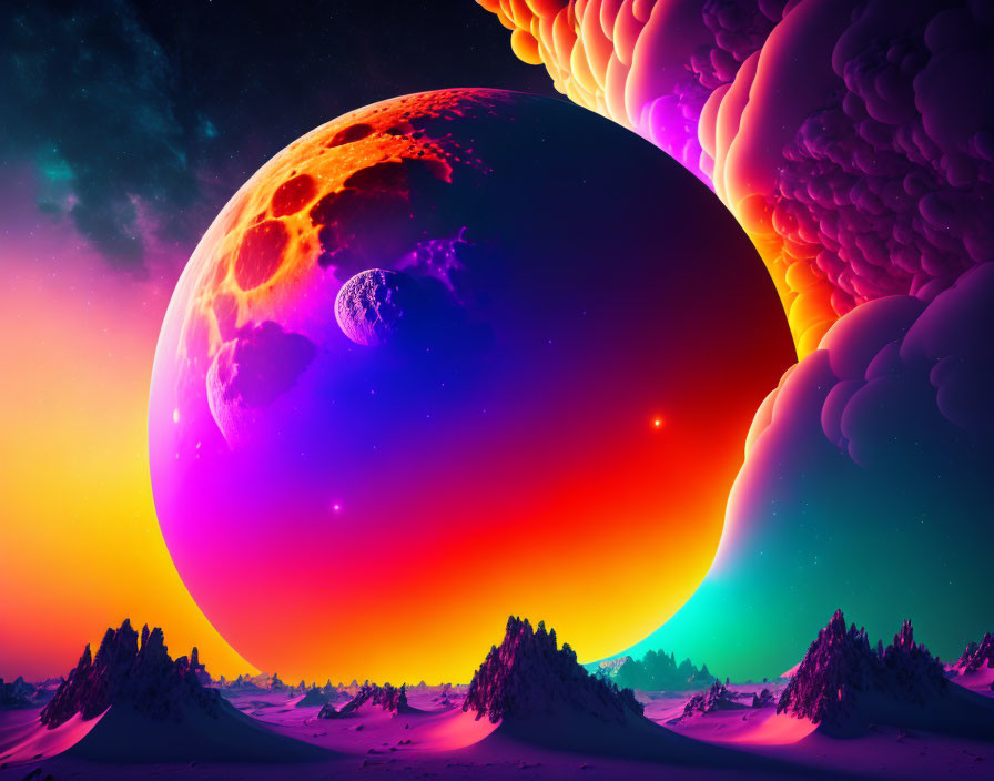 Colorful Alien Planet Rising Over Snowy Landscape in Surreal Digital Art