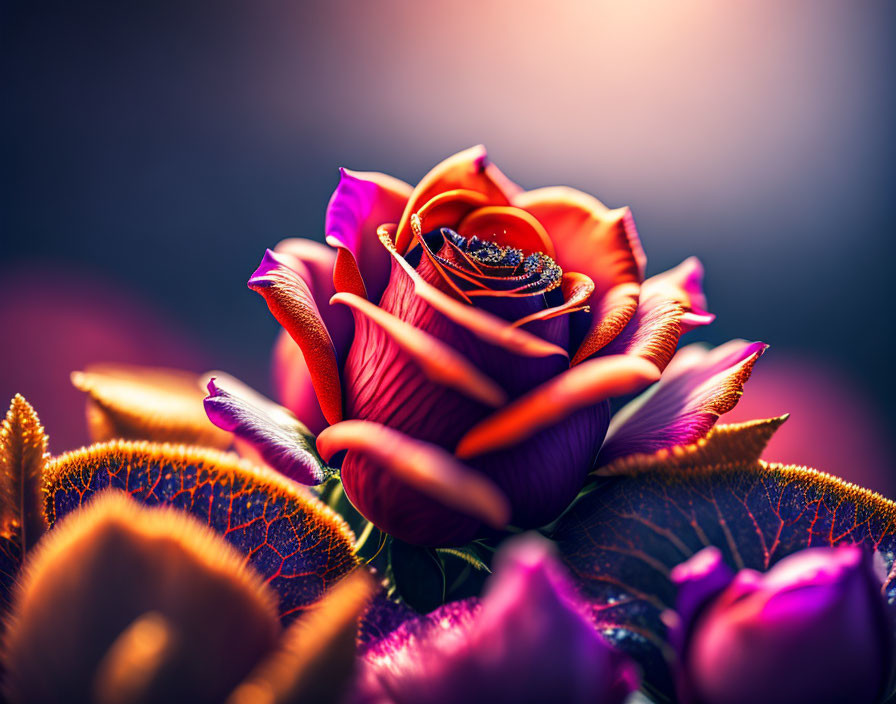 Vibrant orange and purple rose close-up with dewdrops on petals