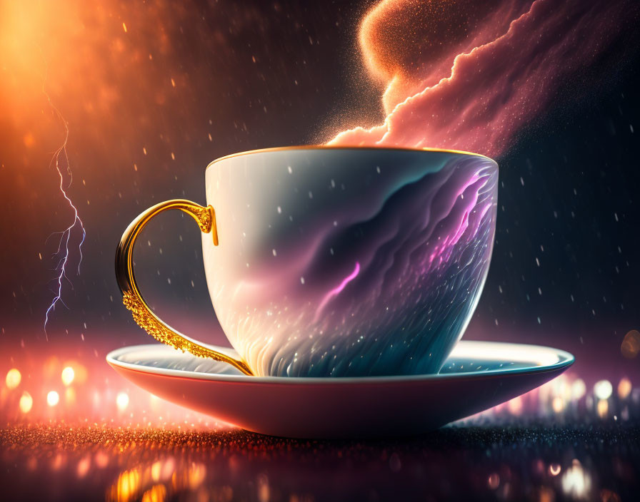 Surreal cup and saucer with cosmic storm in dusky background