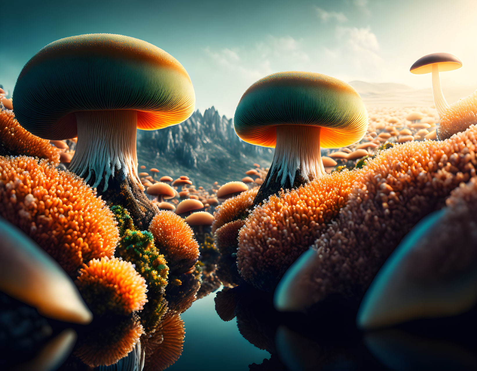 Surreal landscape with oversized mushrooms and vibrant orange vegetation