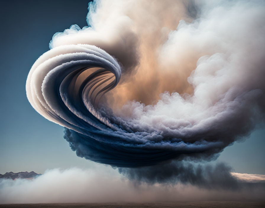 Surreal cloud formation resembling a twisted wave above desolate landscape