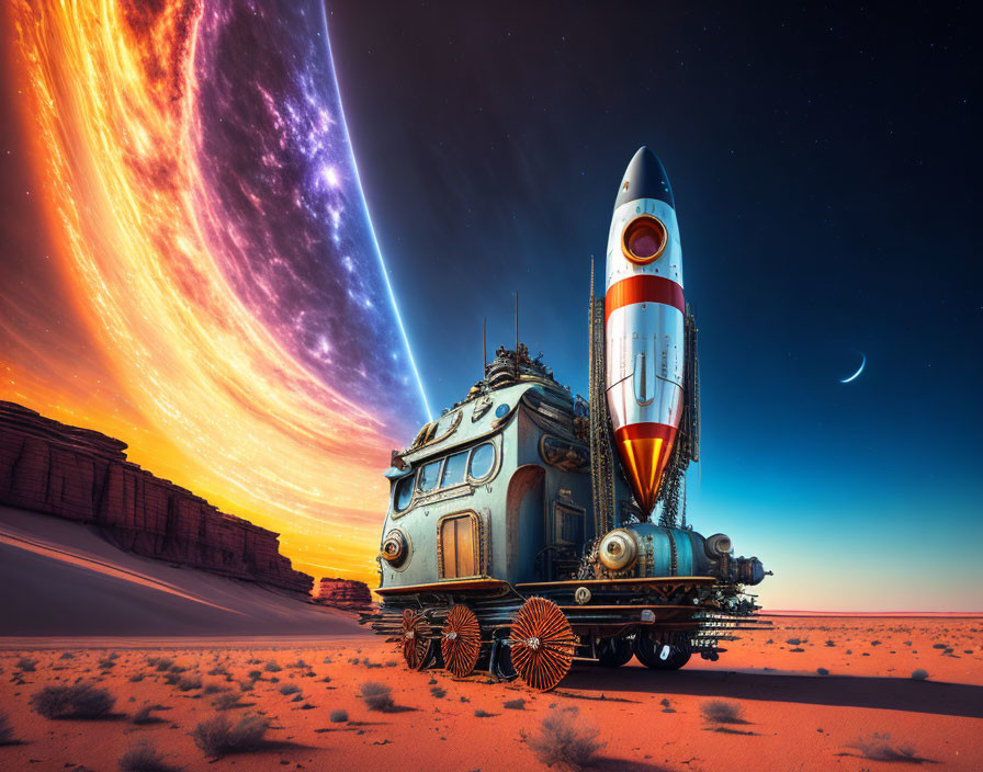 Steam-powered train with rocket travels through desert under comet and crescent moon