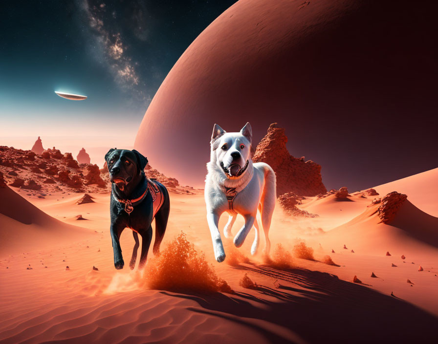 Two dogs running in alien desert with planet and flying saucer.