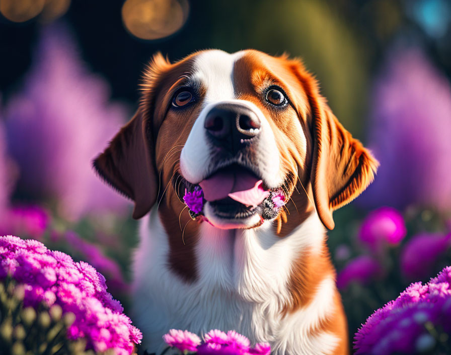 Joyful Dog Among Purple Flowers in Green Background