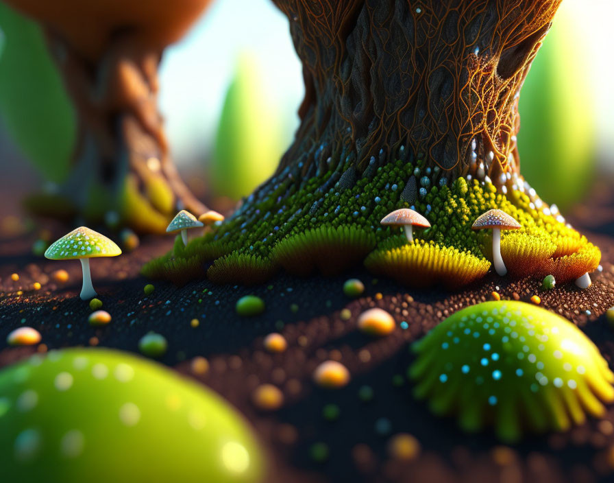 Colorful surreal landscape with intricate tree and mushroom-like growths