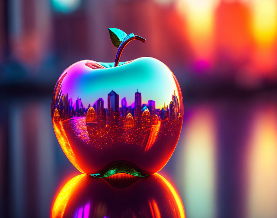 Colorful apple sculpture with city skyline projection and glossy finish