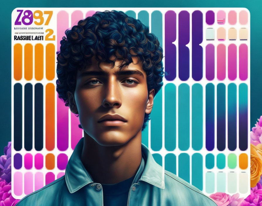 Curly Haired Person in Blue Shirt on Colorful Background