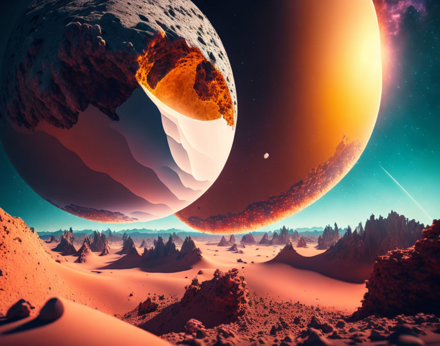 Giant planet hovers over surreal sci-fi desert landscape