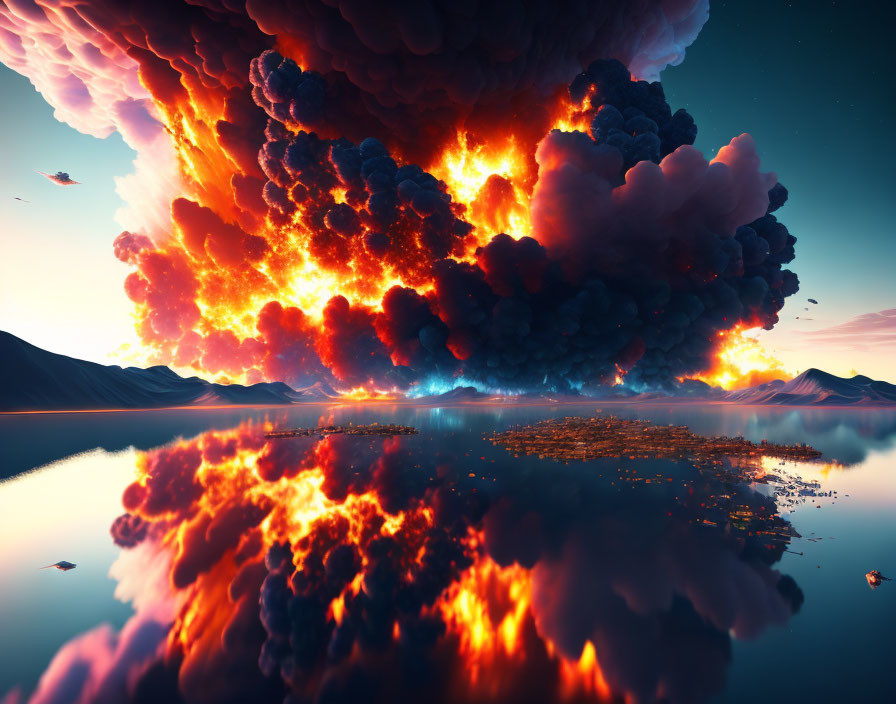 Fiery explosion over calm lake near mountains at twilight