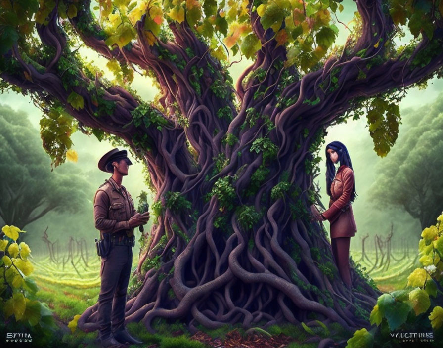 Uniformed man and woman with blue hair by twisted tree in misty woodland