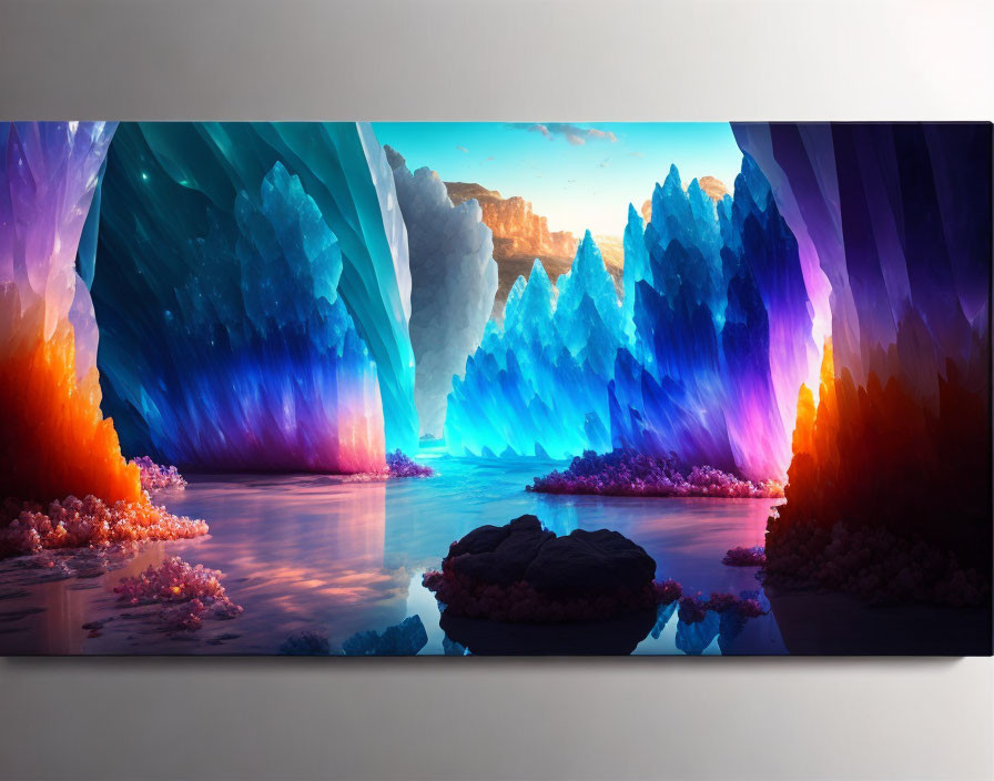 Vibrant digital art canvas of ice caves with blue and purple hues reflected on water, accented