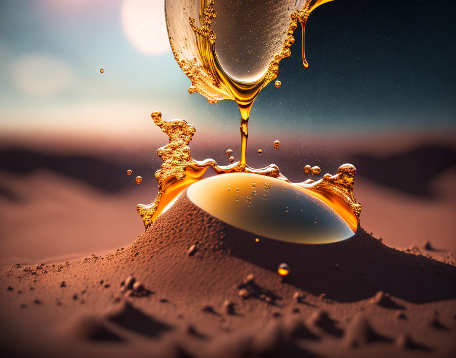 Shimmering gold liquid splash on sand with suspended droplets