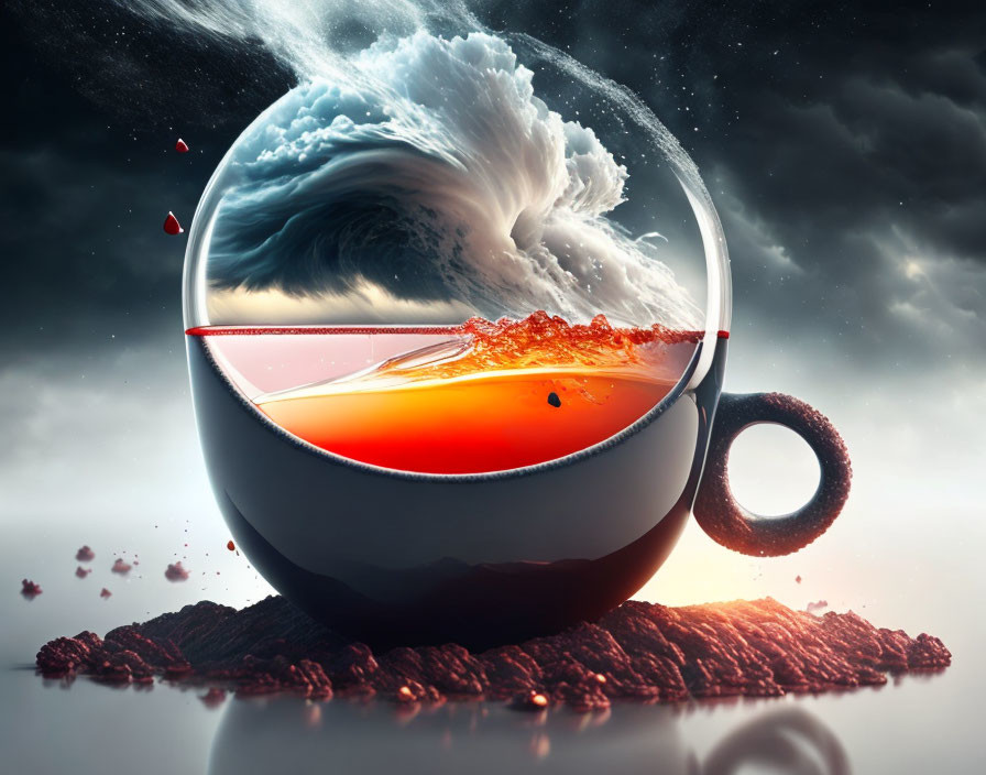 Surreal cup with stormy sea and tranquil sunset fusion