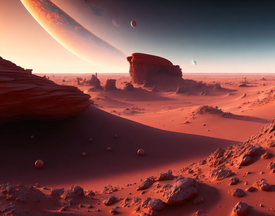 Vibrant red desert landscape with celestial bodies in sky