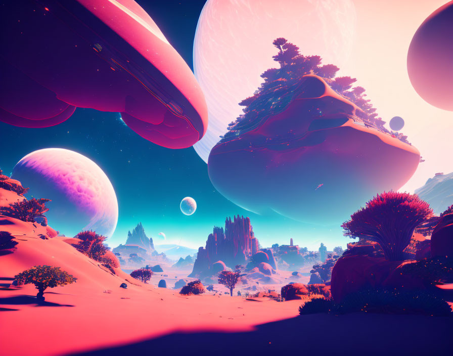 Alien landscape with floating islands, exotic flora, and multiple moons