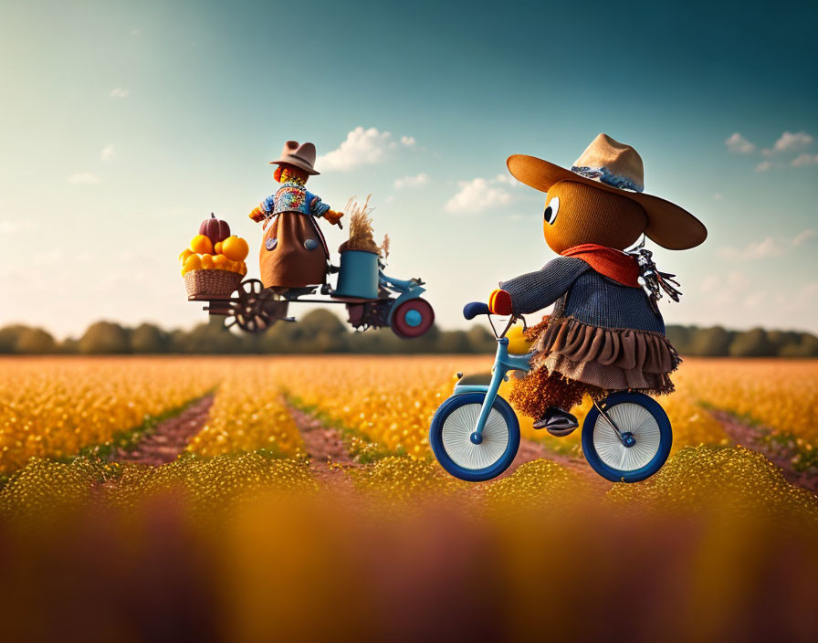 Vibrant field scene with animated scarecrow characters cycling and driving a tractor.