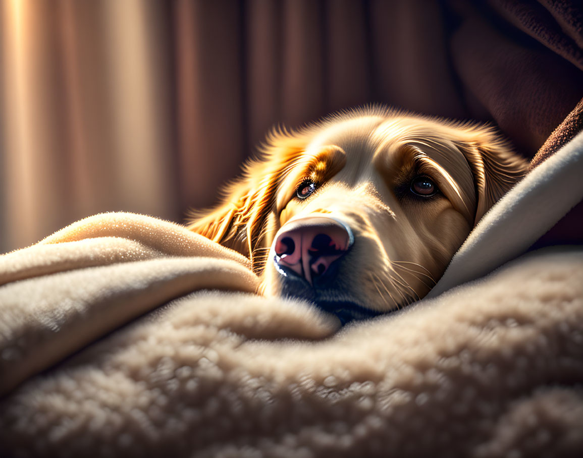 Golden Retriever Relaxing Under Blanket in Sunlit Window